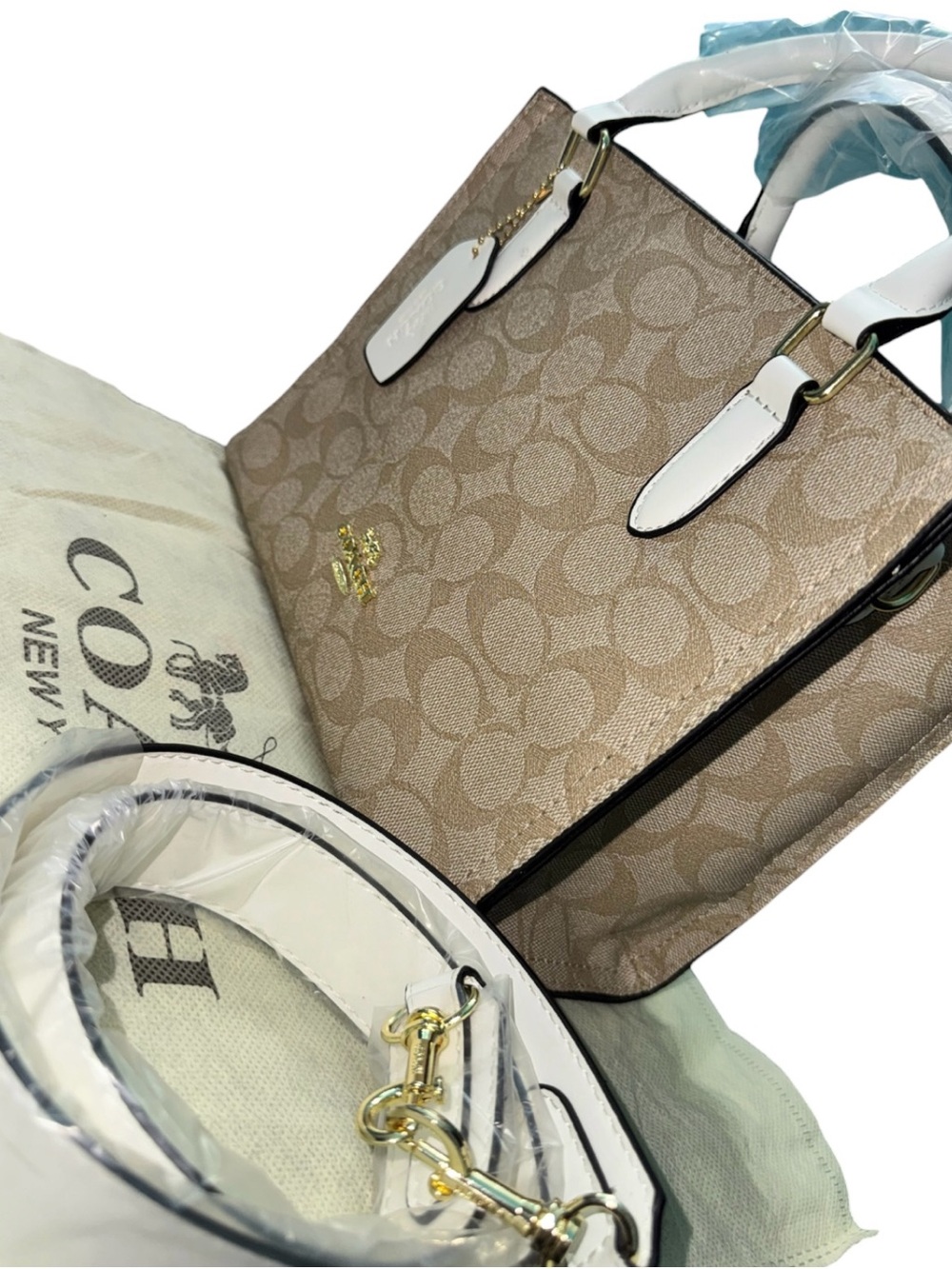 Coach Signature Canvas Tote Bag Khaki Chalk White Leather Crossbody